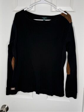 Ralph Lauren Black Long-Sleeve Top with Brown Elbow Patches